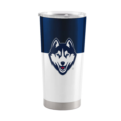 UConn 20oz colorblock stainless steel tumbler with drinkware design by Logo Brands, showing a colorful insulated travel mug.