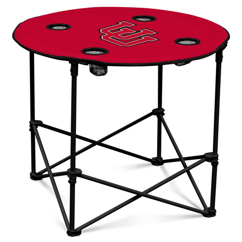 Round wooden Utah Table by Logo Brands, rustic furniture piece with a smooth finish and sturdy legs.