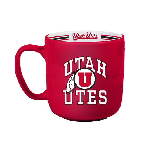 Utah 15oz striped ceramic mug by Logo Brands, featuring red and white stripes, perfect for coffee or tea.