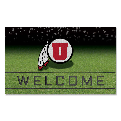 University of Utah crumb rubber door mat with logo, durable mat featuring Utah Utes branding and vibrant team colors.