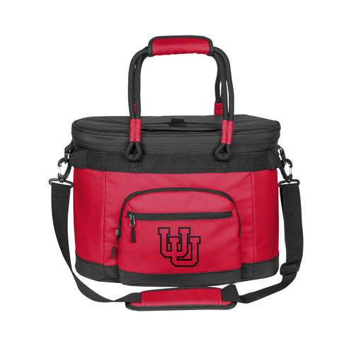 Utah 35 Can Flex Cooler by Logo Brands showing its black insulated exterior and adjustable shoulder strap for portability.