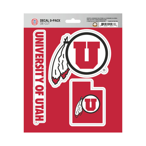 Set of three University of Utah decals featuring logo designs, perfect for decorating laptops, water bottles, or notebooks.