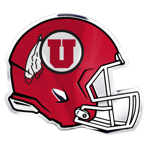 University of Utah embossed helmet emblem by Logo Brands, featuring the Utah Utes logo on a textured metallic surface.