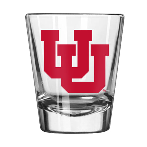 Utah Gameday 2oz shot glass by Logo Brands, clear glass drinkware with Utah team logo for game day celebrations.