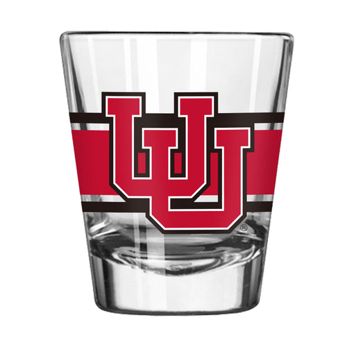 Utah 2oz stripe shot glass by Logo Brands, clear drinkware with blue and white stripe design, perfect for shots and beverages.