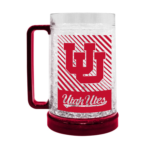 Utah 16oz freezer mug by Logo Brands, clear glass drinkware with Utah logo, designed to keep beverages cold.