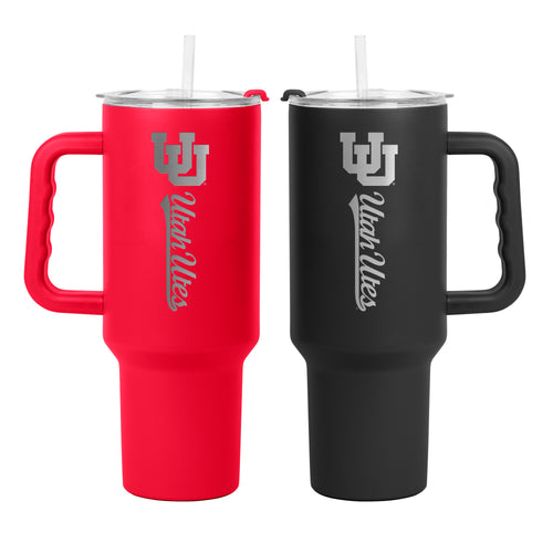 Two Utah 40oz etched stainless steel tumblers from Logo Brands, featuring durable drinkware with a sleek design.