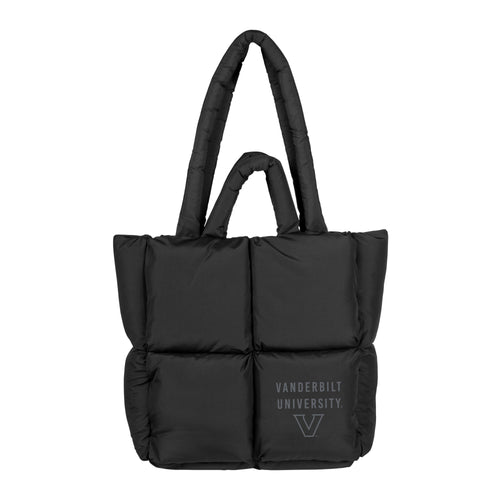Vanderbilt black puff tote bag by Logo Brands showing a stylish black puffed design with sturdy handles.