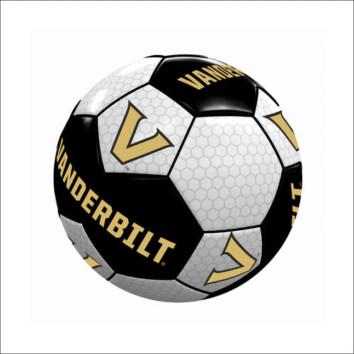 Vanderbilt Mini Soccer Ball by Logo Brands, recreational size soccer ball with black and white panels on a grassy field.