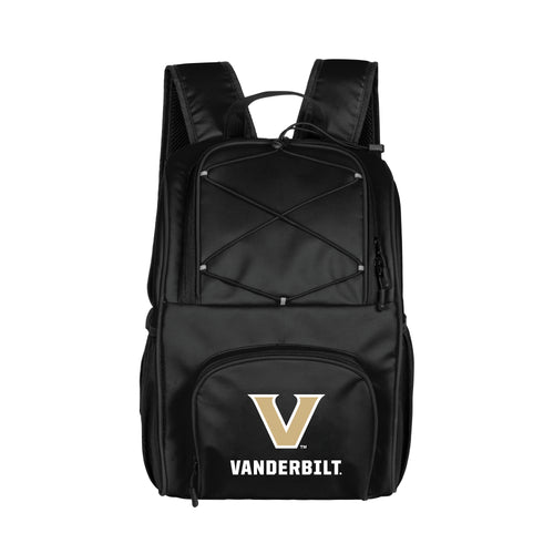 Vanderbilt 24 Can Flex Backpack Cooler by Logo Brands showing black insulated cooler with adjustable straps and front zip pocket.