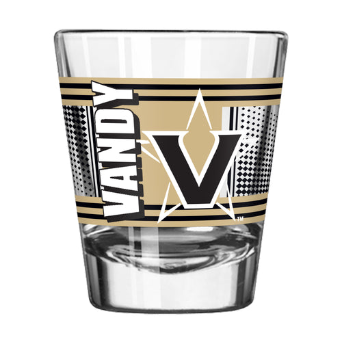 Vanderbilt 2oz hero shot glass from Logo Brands, clear glass drinkware with Vanderbilt logo, perfect for small drinks or collectibles.
