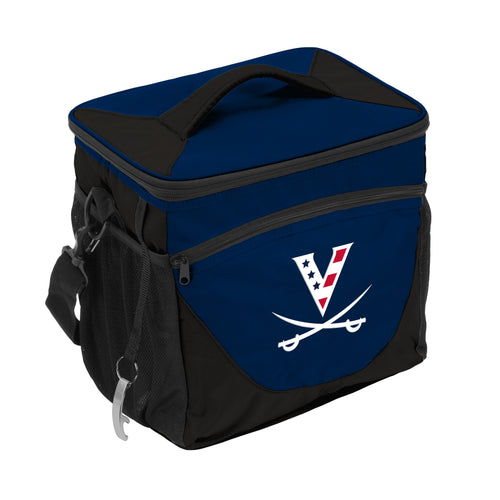 Virginia Red White & HOO 24-can cooler by Logo Brands, featuring vibrant red, white, and HOO logo design on insulated cooler bag.