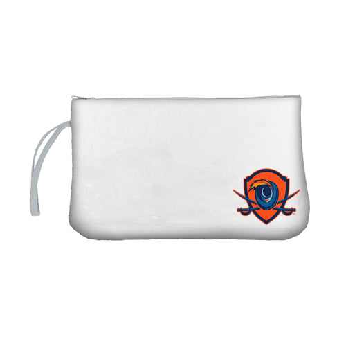 Virginia Clear Gray wristlet bag by Logo Brands, featuring transparent design and gray wrist strap for stylish carrying.