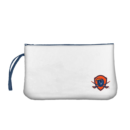 Virginia Clear Wristlet bag by Logo Brands with transparent PVC material and wrist strap for convenient carrying.