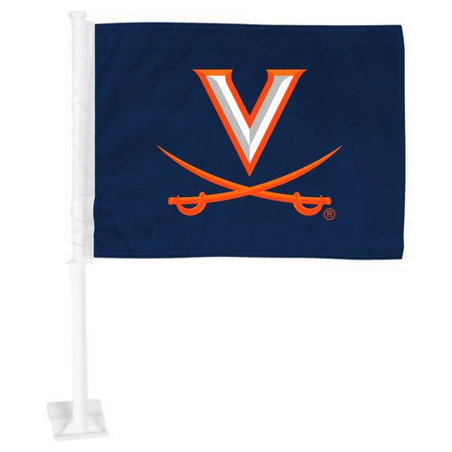 University of Virginia auto flag by Logo Brands, featuring the university's logo and colors, mounted on a car flag pole.