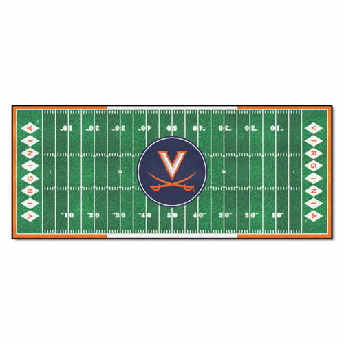 University of Virginia football field runner mat by Logo Brands featuring Virginia Cavaliers logo and team colors.