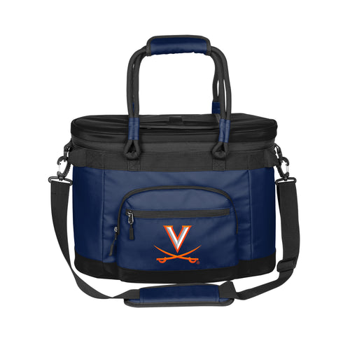 Virginia 35 Can Flex Cooler by Logo Brands, black soft-sided cooler with adjustable strap and zippered top for easy carrying.