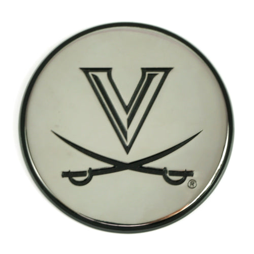 University of Virginia chrome emblem badge by Logo Brands, featuring the Virginia UVA logo and emblem design.