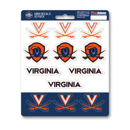Set of 12 University of Virginia mini decals by Logo Brands featuring UVA logos and graphics on adhesive decals.