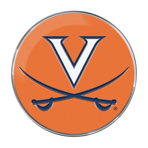 Embossed University of Virginia emblem patch by Logo Brands with colorful Virginia logo design on fabric background