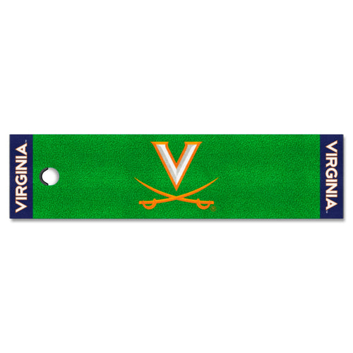 University of Virginia Logo Brands putting green mat with green turf and Virginia logo for golf practice.