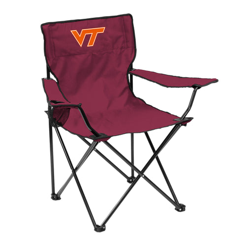 Virginia Tech quad chair with logo branding, foldable furniture for fans, featuring team colors and comfortable armrests.