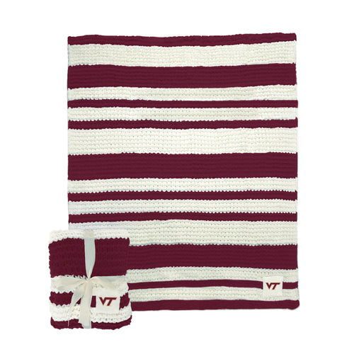 Virginia Tech cable knit throw blanket by Logo Brands, 50x60 inches, featuring Hokies logo and cozy cable knit texture.