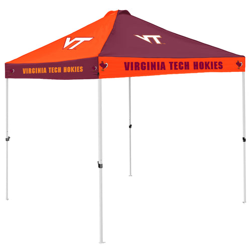 Virginia Tech checkerboard canopy shelter by Logo Brands, featuring a black and orange checkered pattern for outdoor events.