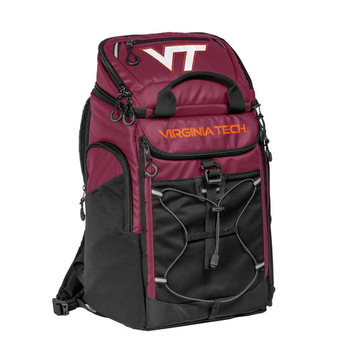 Virginia Tech 26-can backpack cooler by Logo Brands, featuring insulated main compartment and adjustable shoulder straps.