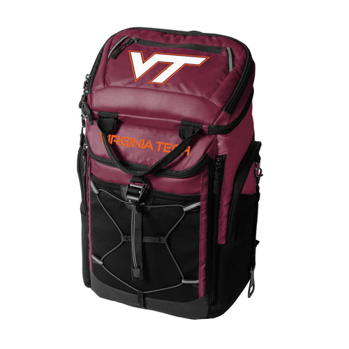 Virginia Tech 26 Can Backpack Cooler by Logo Brands, black insulated cooler bag with adjustable straps and Virginia Tech logo.