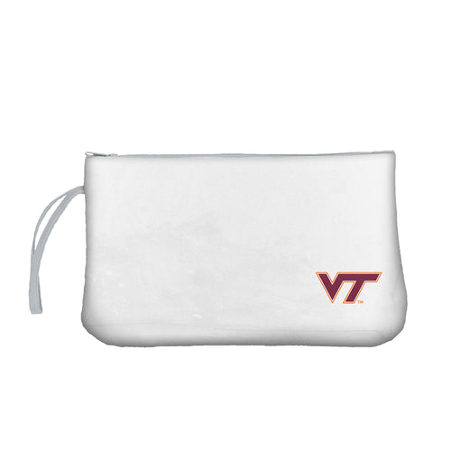 Virginia Tech clear wristlet bag with logo branding, featuring a transparent design and wrist strap for convenient carrying.