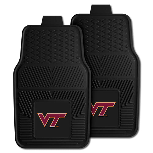 Virginia Tech 2-piece vinyl car mat set by Logo Brands, featuring black auto mats with Hokies logo and team colors.