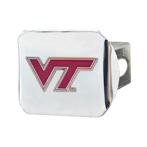 Virginia Tech color on chrome hitch cover by Logo Brands, featuring team logo on durable metal for vehicle decoration.