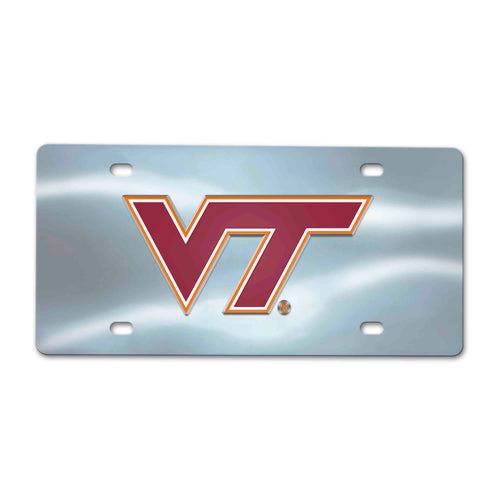 Virginia Tech chrome diecast license plate featuring the university logo, designed for vehicle decoration and display.