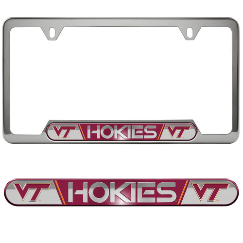 Virginia Tech embossed license plate frame by Logo Brands, featuring team logo and branding for vehicle decoration.
