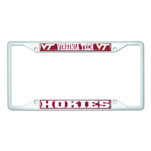 Virginia Tech white license plate with logo branding, featuring the university's name and emblem on a durable metal plate.