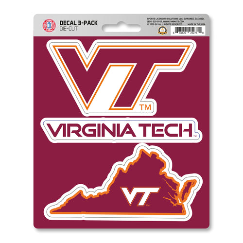Set of three Virginia Tech decal stickers featuring the Logo Brands logo and Hokies team branding, suitable for laptops or sports gear.