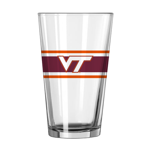 Virginia Tech 16oz stripe pint glass, Logo Brands drinkware with orange and maroon stripes, featuring Virginia Tech logo.