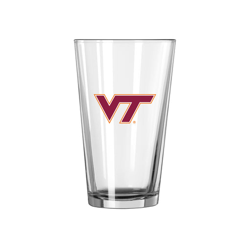 Virginia Tech 16oz Logo Pint Glass showing the university's logo on clear drinkware, perfect for fans and collectors.