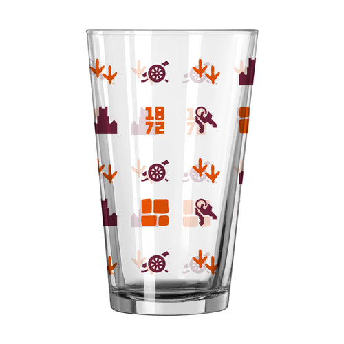 Virginia Tech 16oz pint glass with logo pattern, made by Logo Brands, featuring the university's team branding and design.