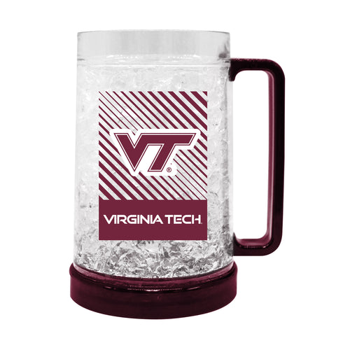 Virginia Tech freezer mug by Logo Brands, clear plastic drinkware with Hokies logo, designed to keep beverages cold.