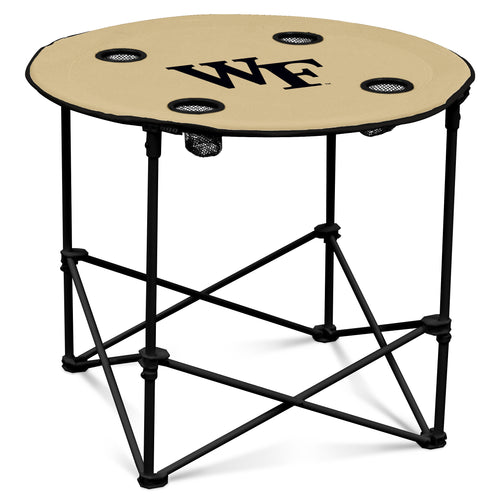 Round Wake Forest tailgate table with logo, portable design, and sturdy surface for outdoor events and gatherings.