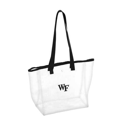 Clear stadium bag with Wake Forest logo, made of transparent plastic, featuring handles for easy carrying.
