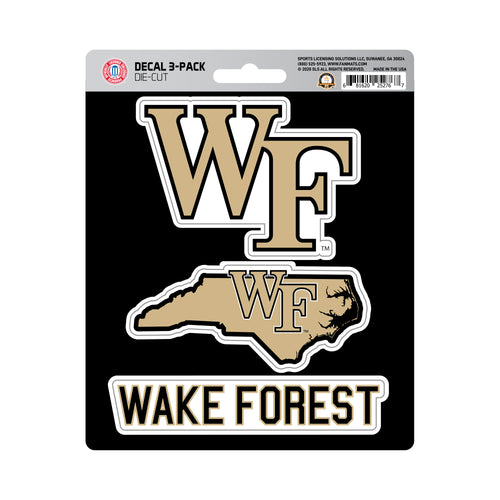 Set of three Wake Forest University decals featuring the official logo, ideal for decorating laptops, water bottles, or notebooks.