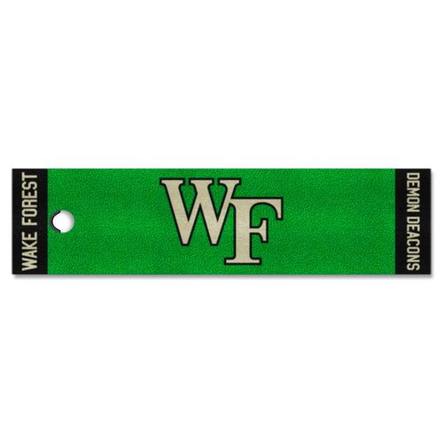 Wake Forest University logo branded putting green mat, designed for indoor golf practice and skill improvement.