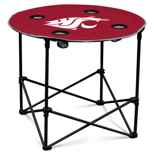 Round wooden Washington State-shaped table by Logo Brands, featuring a smooth surface and sturdy legs for versatile furniture use.