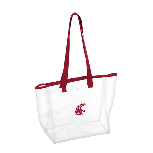 Gray stadium clear bag by Logo Brands, designed for sports events, with transparent material and secure carry handles.