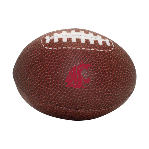 Brown composite micro soft football for recreation, branded by Logo Brands, featuring detailed stitching and a textured surface.