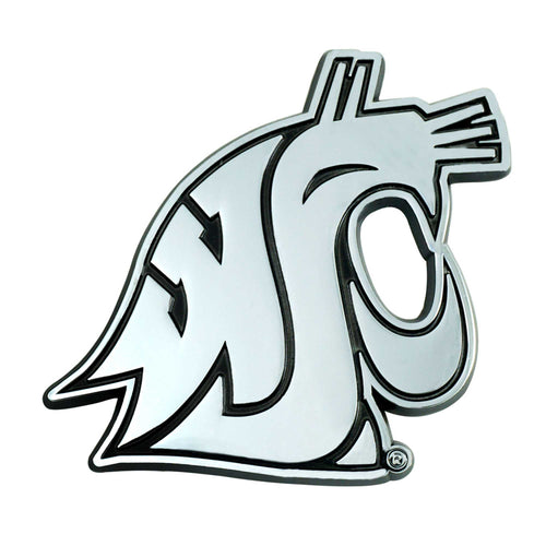 Washington State University chrome emblem by Logo Brands, featuring the university logo on a shiny chrome surface.