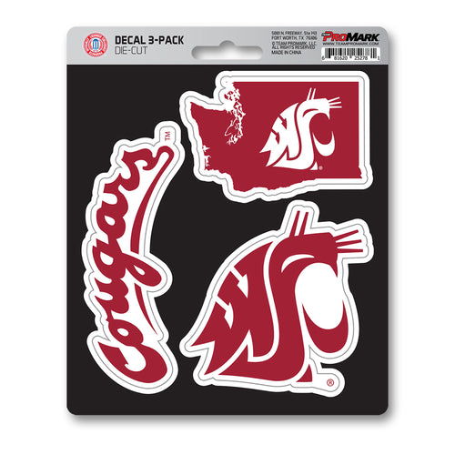 Set of three Washington State University decals by Logo Brands showing university logos and mascot designs on adhesive stickers.